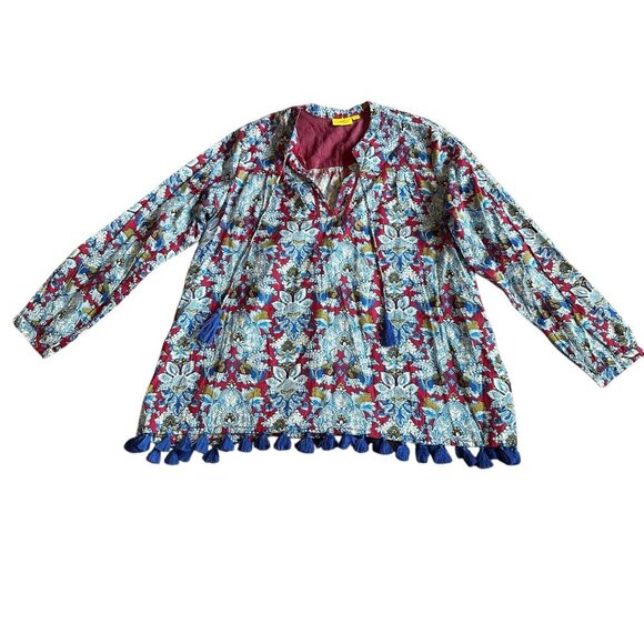 Roller Rabbit Long Sleeve Tunic Top Blouse Tassel Trim Boho India Size Small - Picture 1 of 10